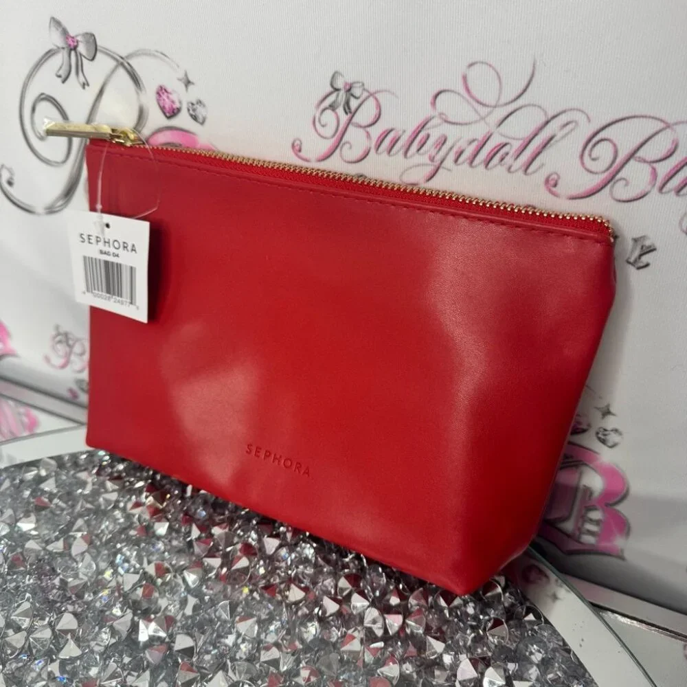 Sephora bag makeup cosmetic case bag red black gold zipper brand new